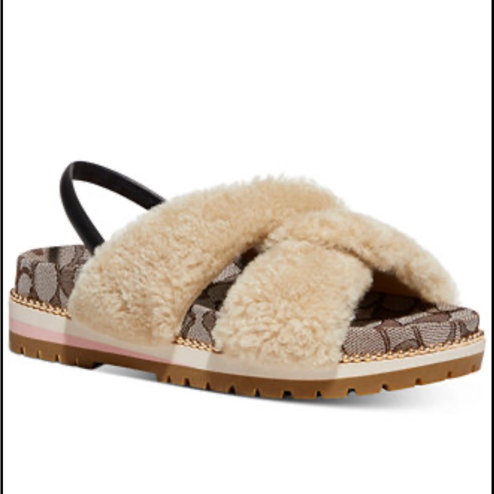 Coach Beige Shearling Crossband Platform Sandal with Signature Print
